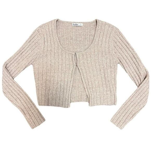 NWT ASTER 90s Retro Cropped Stretch Cardigan Scoop Neck Rib Knit Cardi Neutral